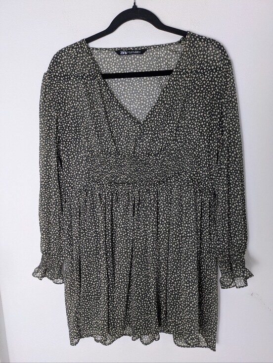 Zara Dresses & Skirts - Zara Chiffon Sheer Long Sleeve Mini Dress Size M Khaki V- Neck Fit & Flare EUC